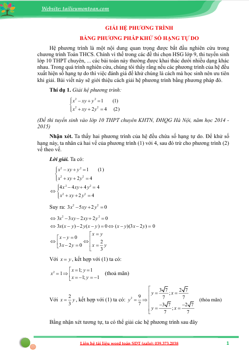 Giải hệ phương trình bằng phương pháp khử hạng tử tự do